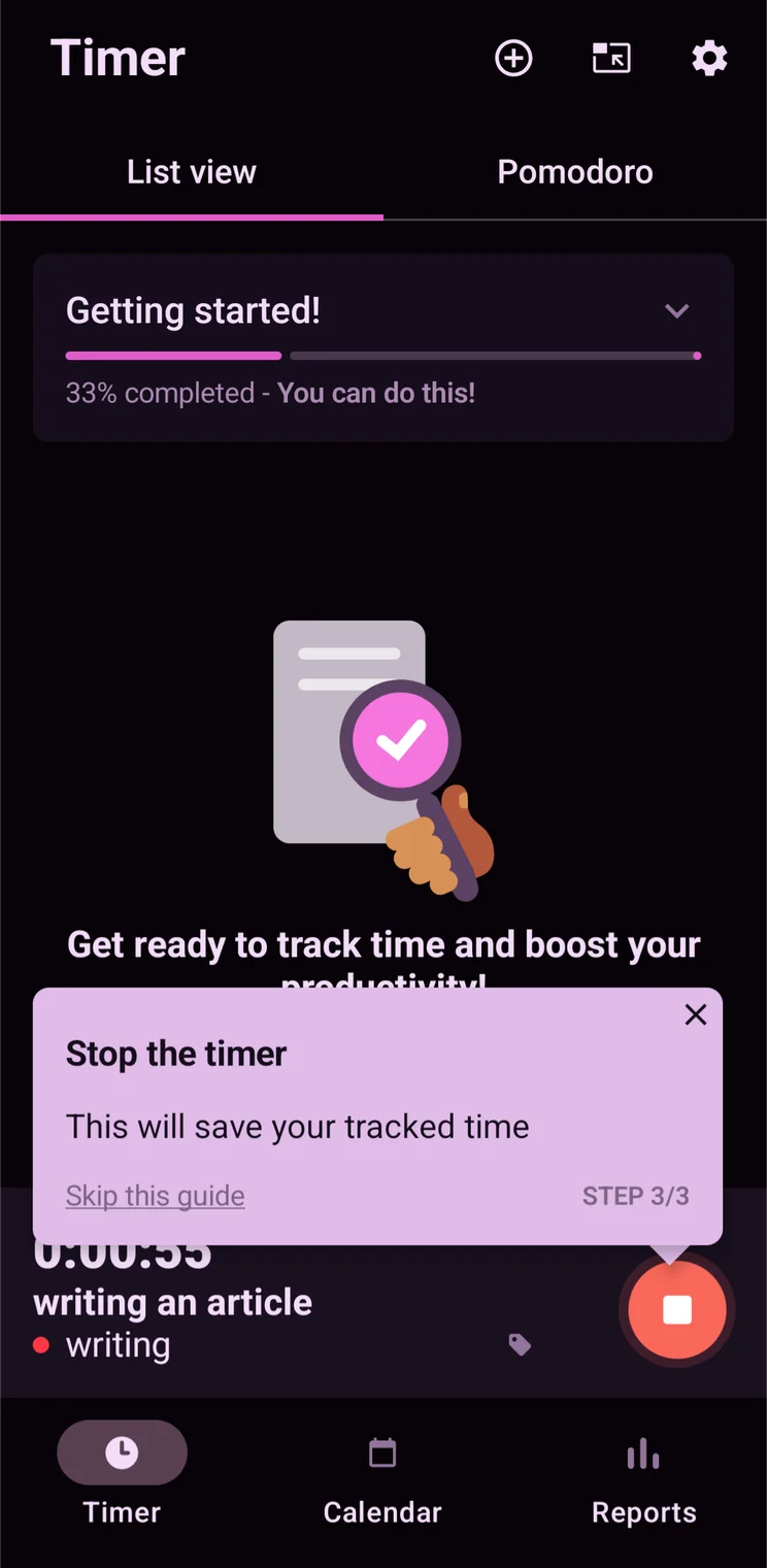 The Home page on the Toggl Tracker mobile app. Source: Tech.co testing