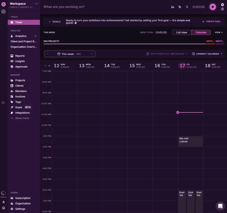 The calendar in the Toggl Tracker desktop interface. Source: Tech.co testing