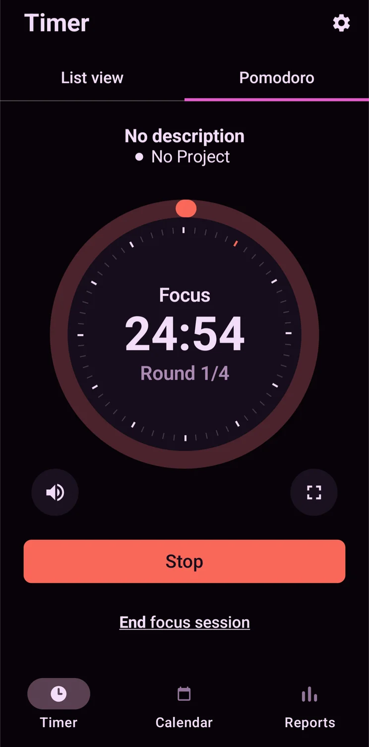 The pomodoro feature in the Toggl Tracker mobile app. Source: Tech.co testing