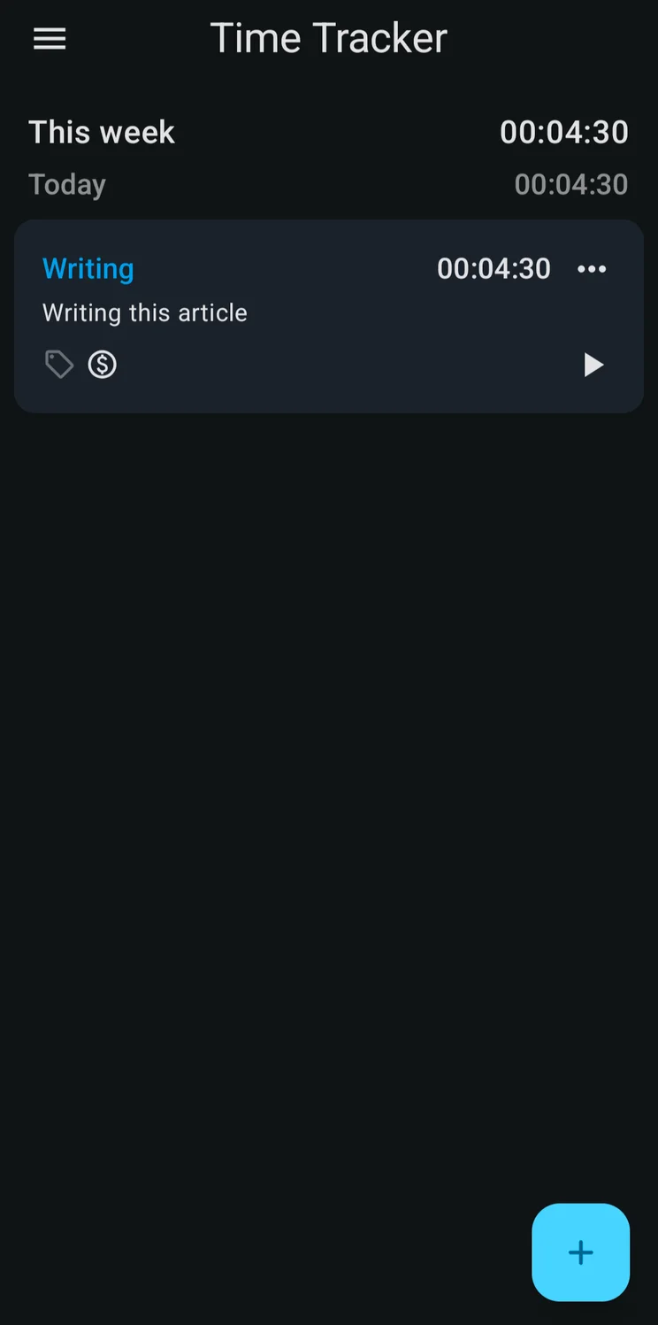The tracker page in the Clockify app. Source: Tech.co testing