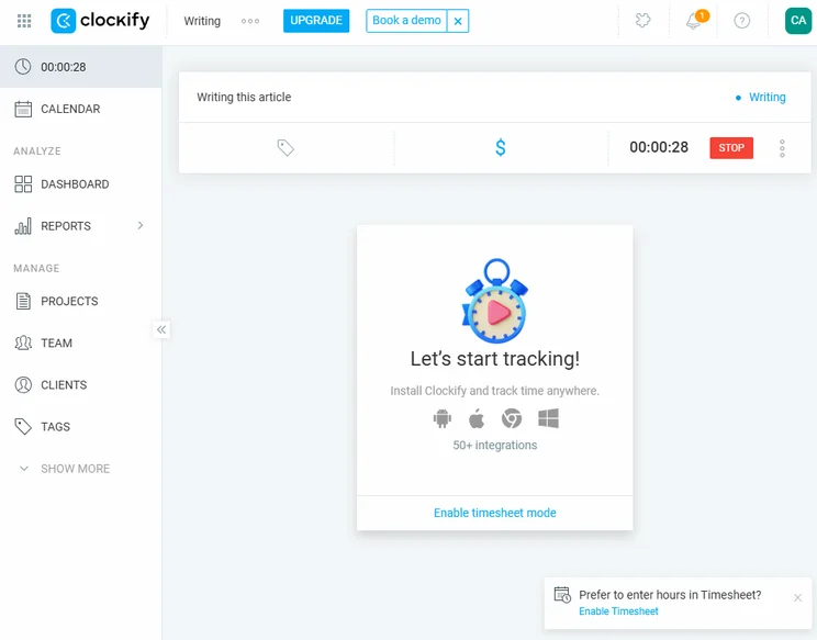 The tracker page in the Clockify desktop interface. Source: Tech.co testing