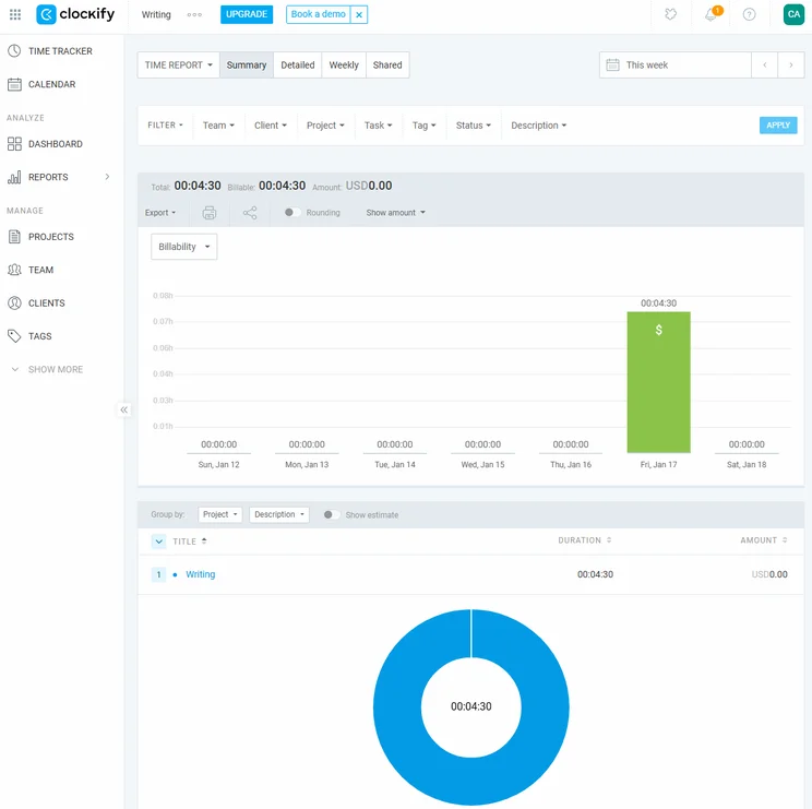 The reports page in the Clockify desktop interface. Source: Tech.co testing