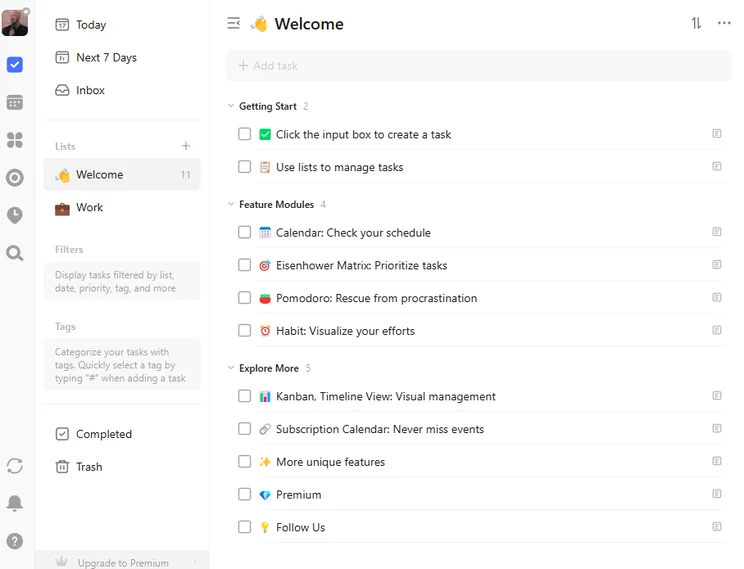 The Welcome checklist in the TickTick desktop interface. Source: Tech.co testing