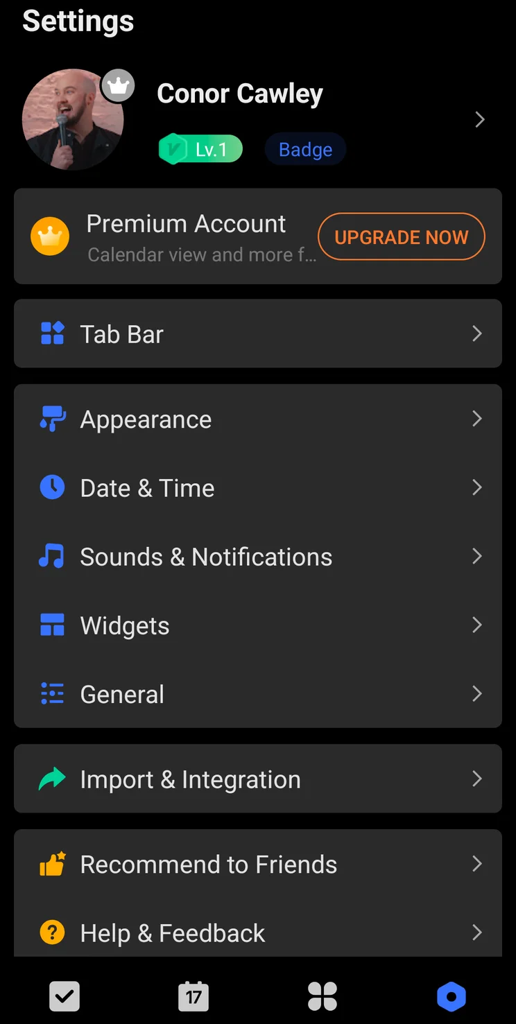 The settings page in the TickTick app. Source: Tech.co testing