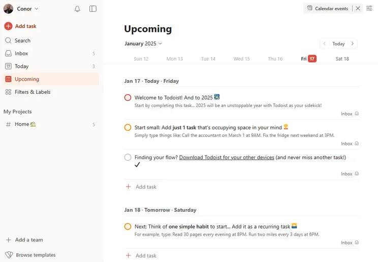 The Upcoming tab in the Todoist desktop interface. Source: Tech.co testing