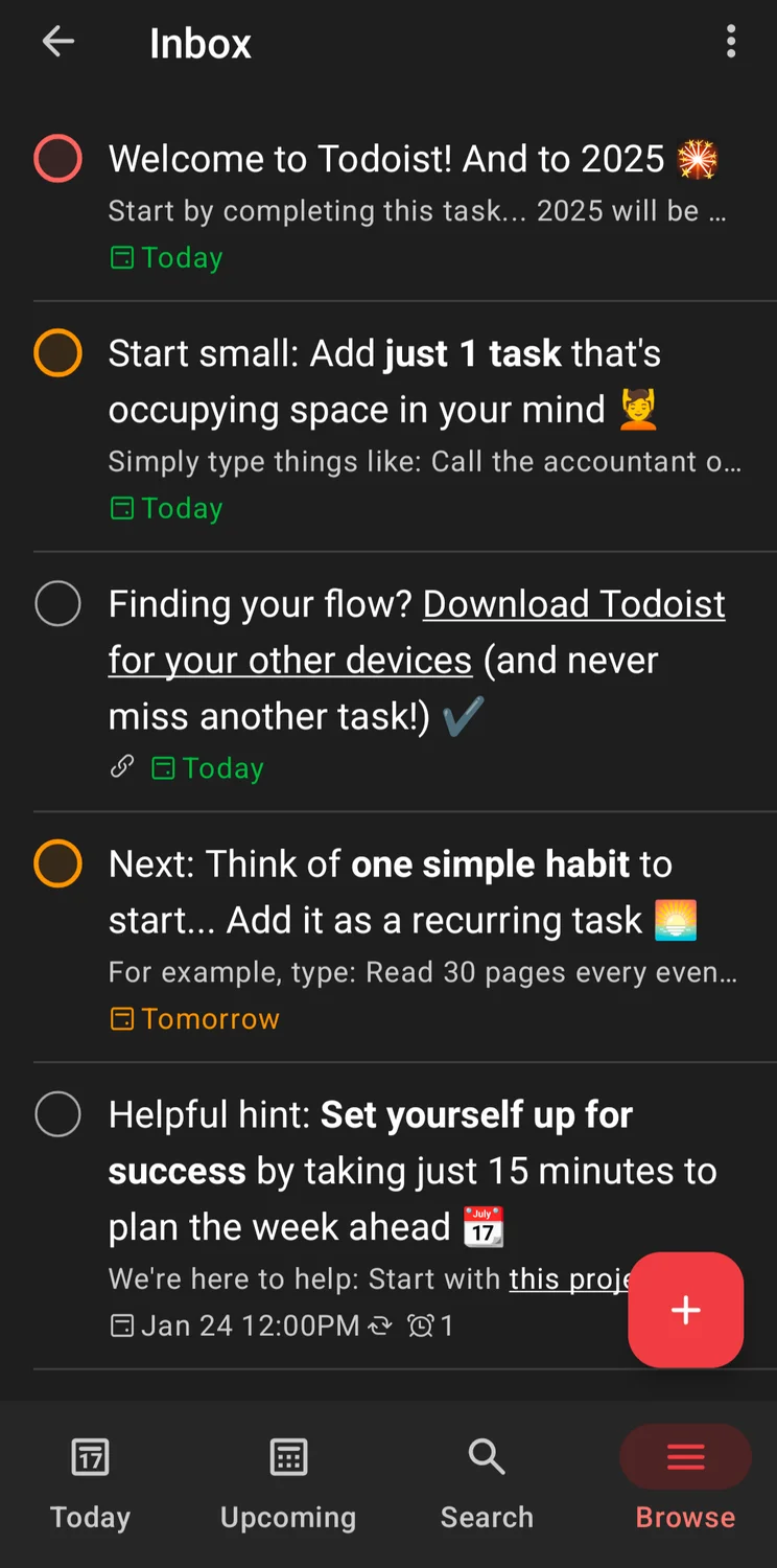 The Inbox page in the Todoist app interface. Source: Tech.co testing