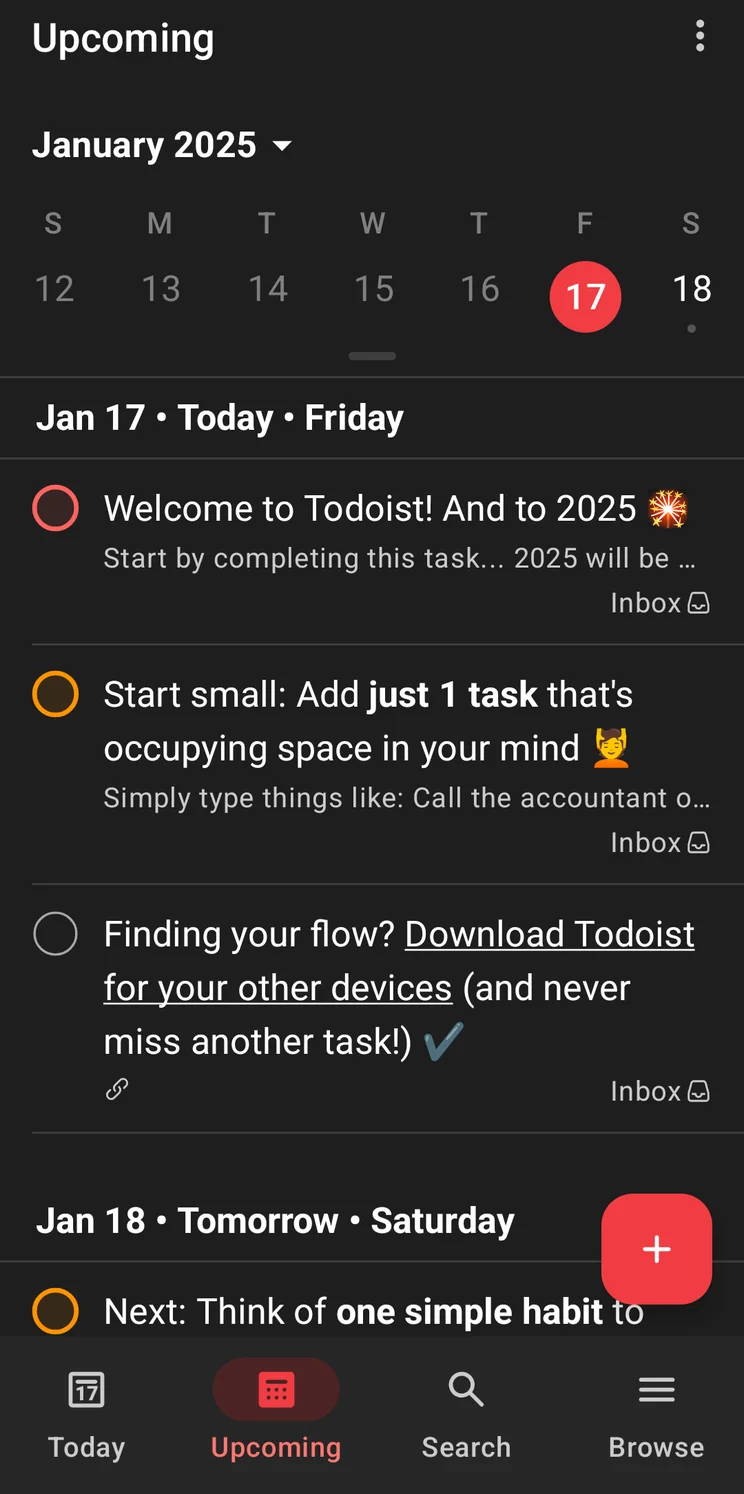 The Upcoming page in the Todoist app interface. Source: Tech.co testing