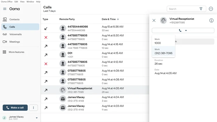 The call log extension in Ooma Office. Source: Tech.co testing