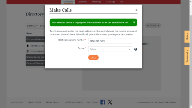 The outgoing call interface in Ooma Office. Source: Tech.co testing