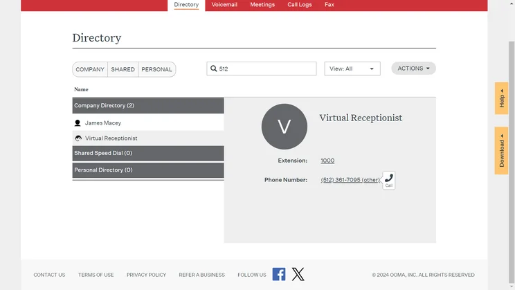 The directory interface in Ooma Office. Source: Tech.co testing