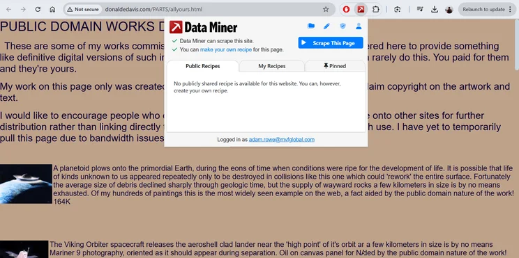 The Data Scraper extension in action