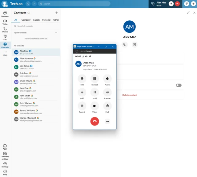 RingCentral's call pop-up appears on your screen when you're receiving an incoming call