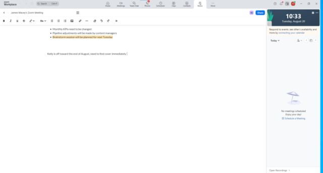 Zoom Phone has a built-in note-taking app to help hotel staff quickly capture thoughts