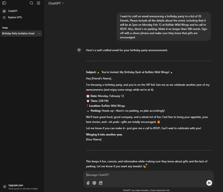 ChatGPT can easily craft emails for you, including to throw your own birthday party. Source: Tech.co testing