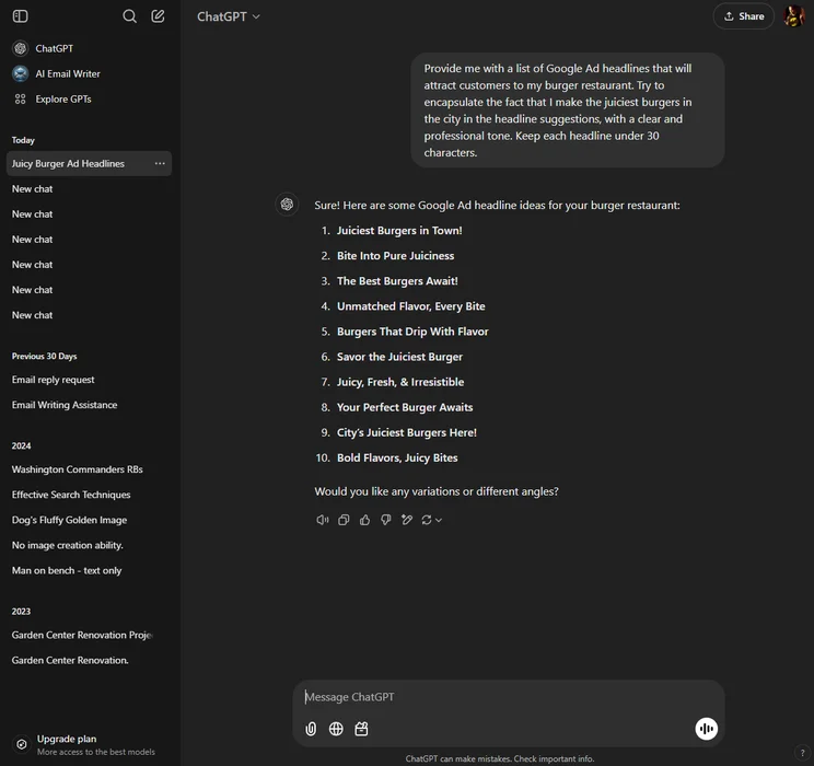 ChatGPT is great at providing bullet point lists for ideas as well. Source: Tech.co testing