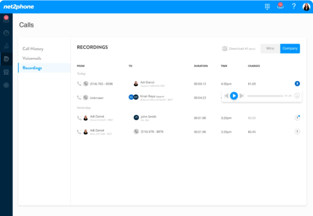 Net2Phone Essential saves your call recordings, and saves key details like their duration and potential charges