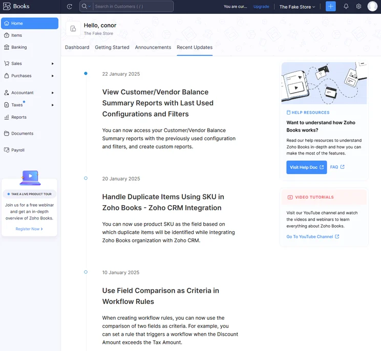 Zoho Books provided us with a helpful recent updates tab to stay up-to-date on the platform improvements. Source: Tech.co testing