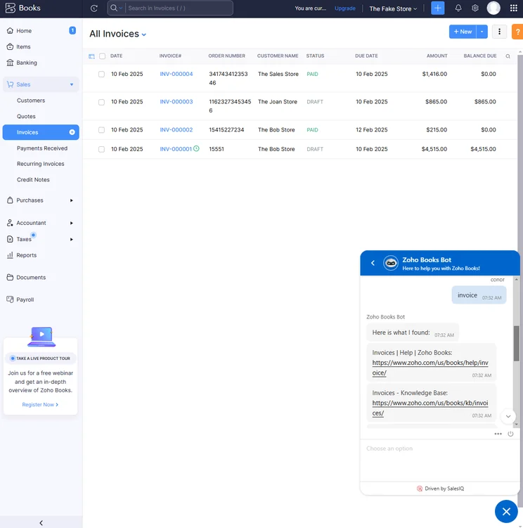 We were able to get help with tasks like creating invoices thanks to the built-in AI chatbot. Source: Tech.co testing