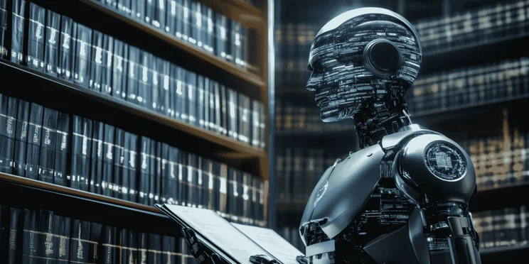 A robot in front of a bookcase of policies.