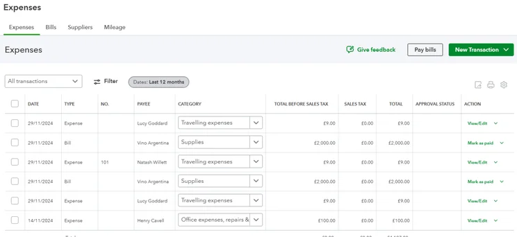 QuickBooks lets you track your expenses easily, including their type, category, total value, and more.
