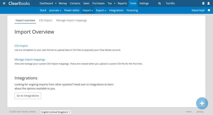 Clear Books offers an import overview for uploading data.