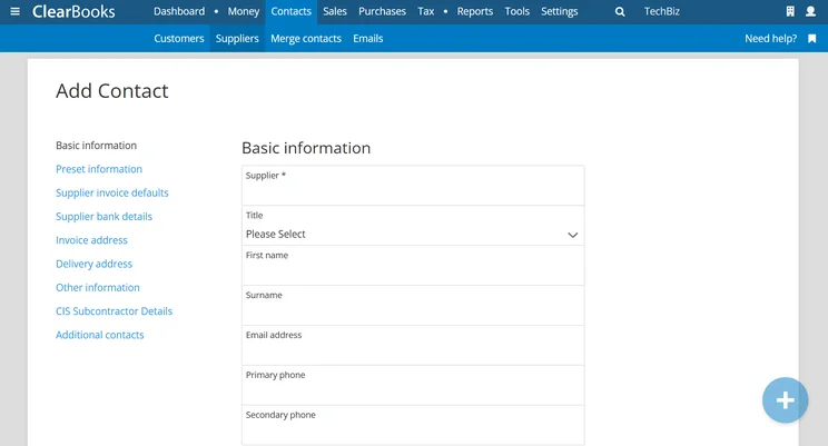 Clear Books interface has an add contact page