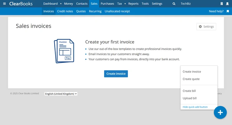 Clear Books has a "quick add" button for fast sales invoice creation.
