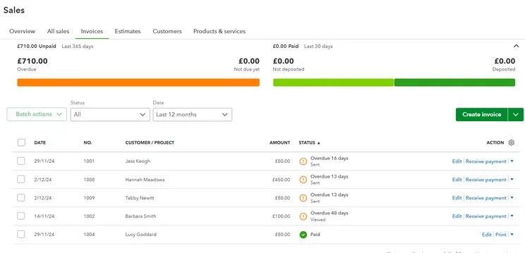 QuickBooks Online sales invoices section displaying customer invoices with amounts, dates, and payment statuses.
