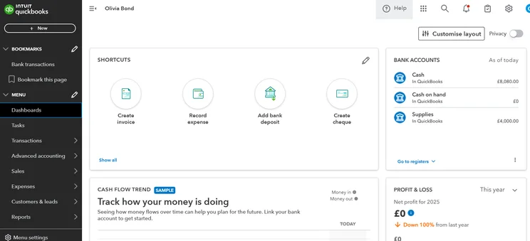 QuickBooks Online dashboard showing shortcuts for create invoice, record expense, add bank deposit, and create cheque.