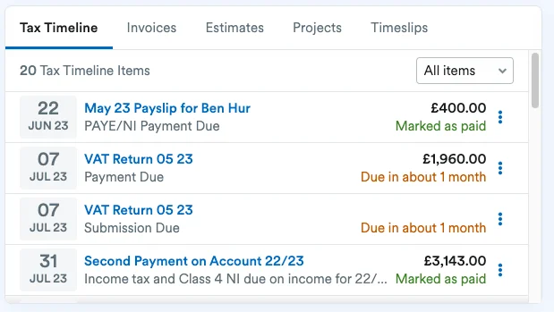 FreeAgents Tax Timeline helps businesses prepare for future outgoings