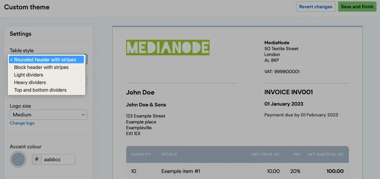 FreeAgent lets you make granular edits to your invoices, included changing the table style and density