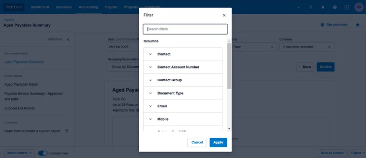 You're able to search through Xero's aged payable summaries through a variety of filters