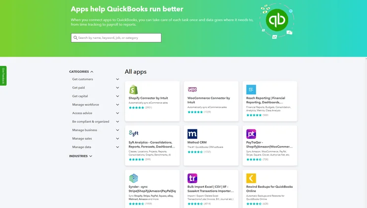 QuickBooks Online app integrations marketplace showing Shopify, WooCommerce, and other connected applications.