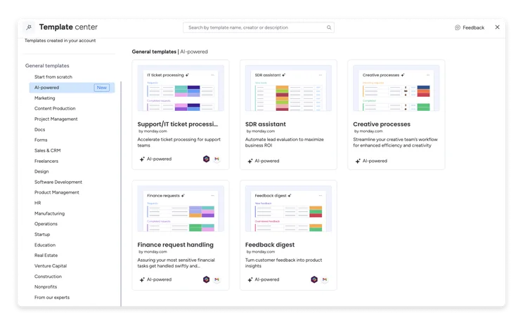 monday CRM's AI templates give you a jump start when you're creating new boards