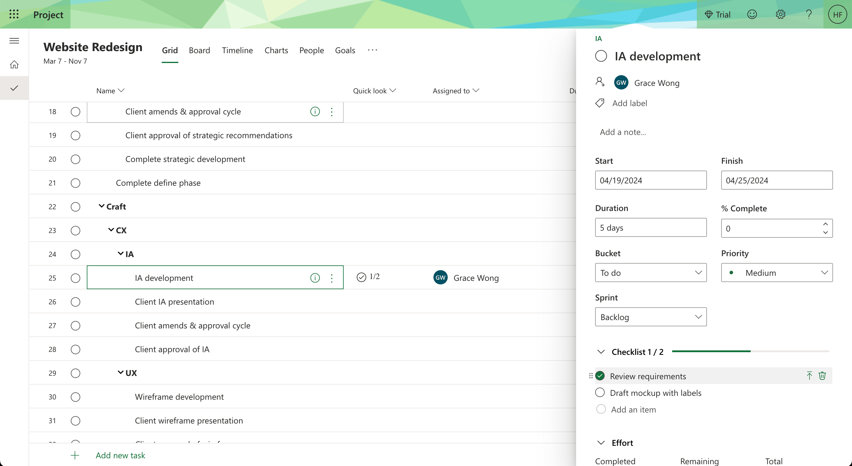 Screenshot of Microsoft Project