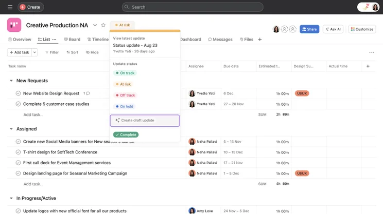 Asanas' Smart Status feature lets you set statuses' and draft updates with AI