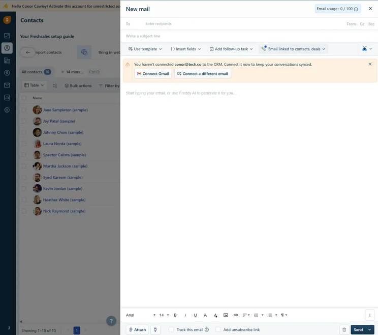 We were able to send emails directly in Freshsales, once we connected our Gmail to the platform. Source: Tech.co testing