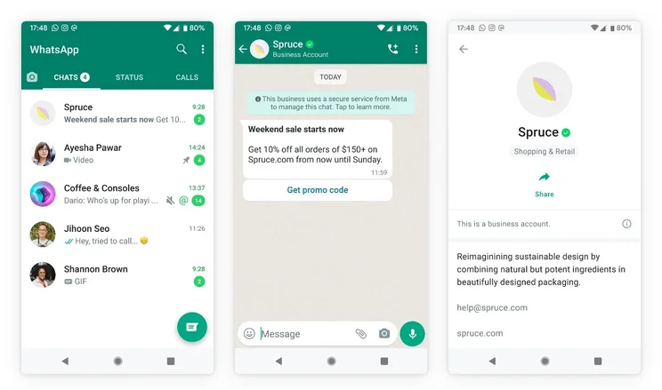 Screenshots of WhatsApp Business app. Source: Meritto