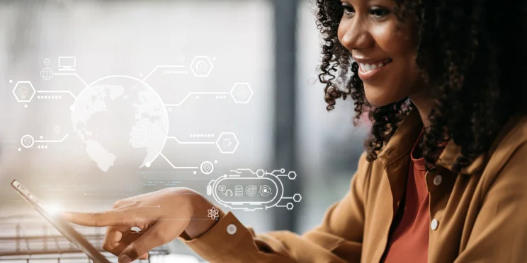 Woman using phone to connect with AI agents