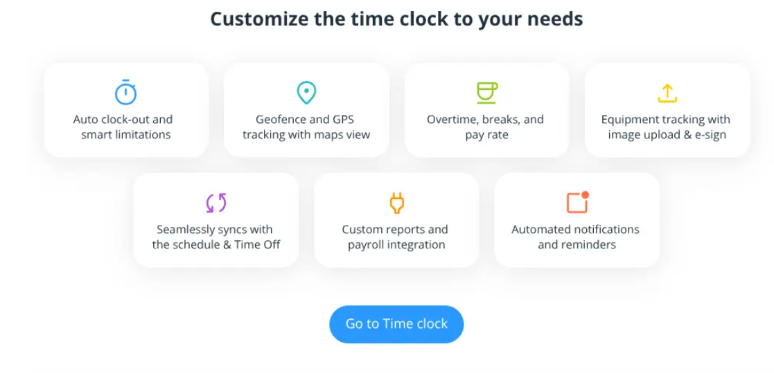 Screenshot of Connecteam time features. Source: Timeero