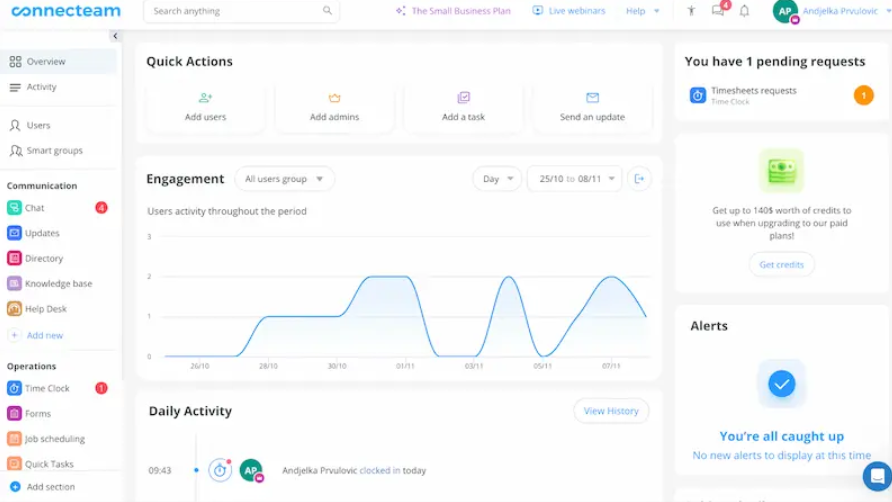 Screenshot of Connecteam dashboard. Source: Timeero