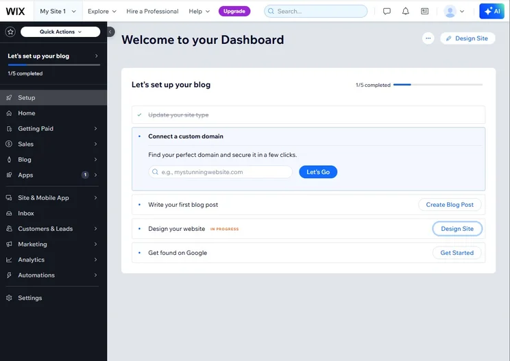Wix dashboard welcome screen with setup tasks and navigation menu for blog creation