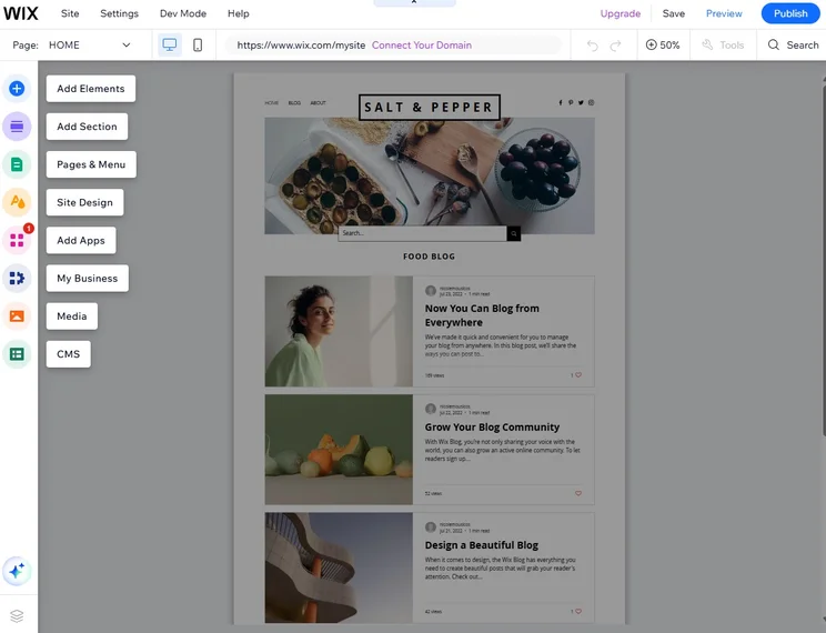 Building a tester blog with Wix's AI website builder. Source: Tech.co