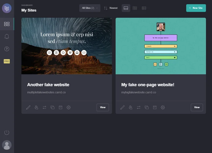 The Carrd dashboard showed us all our websites in one simple interface. Source: Tech.co testing