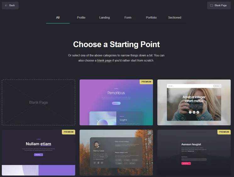 Carrd offers a variety of templates, many of which unlock different functionalities, like ecommerce. Source: Tech.co testing