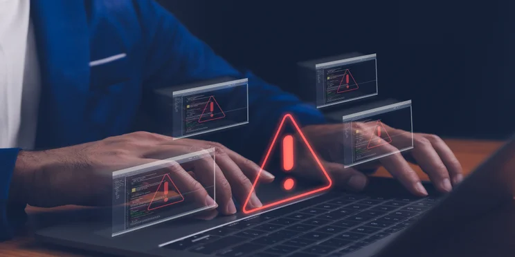 Person working on laptop with data breach on screen