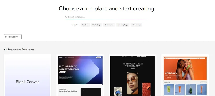 Wix screenshot of available templates