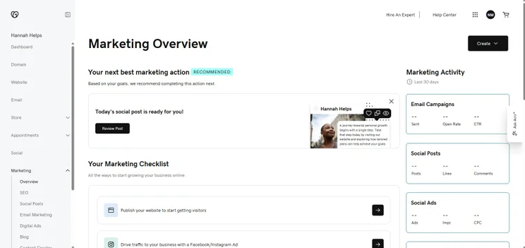 GoDaddy marketing overview page