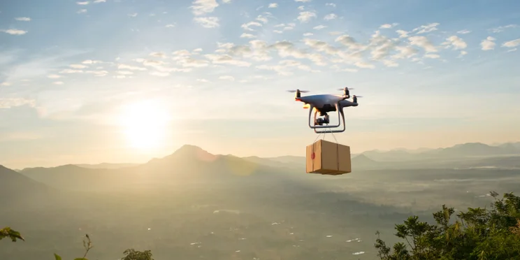 Drone carrying package looking at skyline