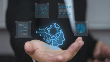 Hand opening to reveal AI graphic